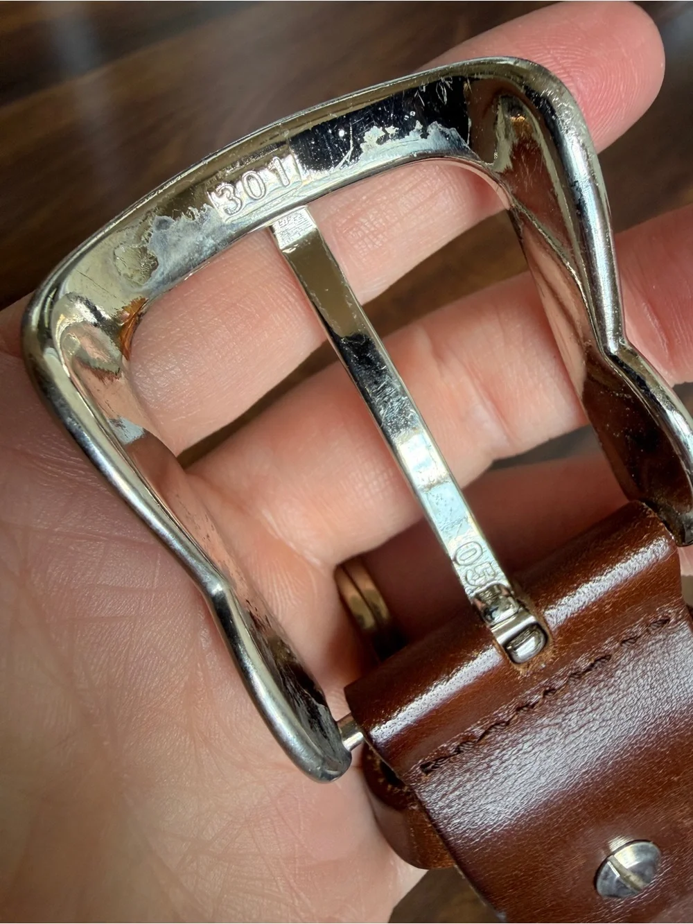 Rino Textured Leather Belt Brown Silver Chrome Buckle